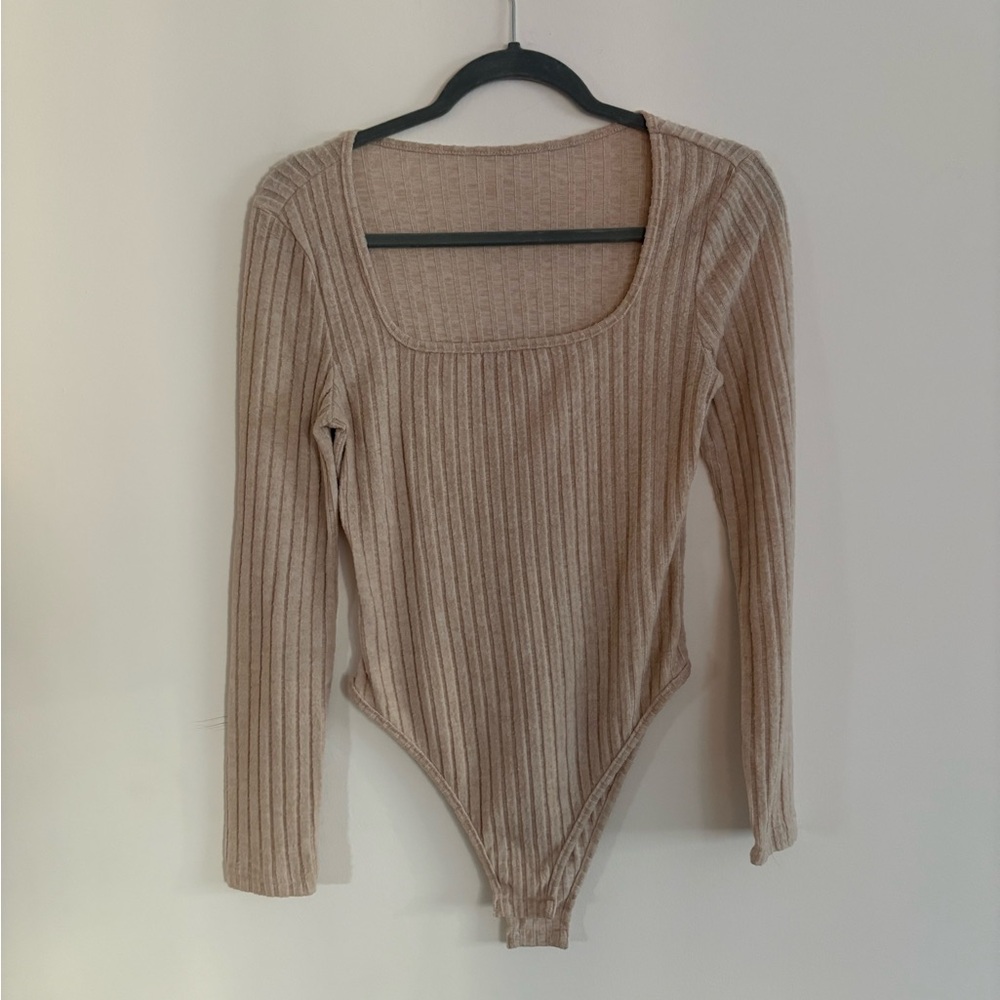 SHEIN Ribbed Tan Long Sleeve Bodysuit